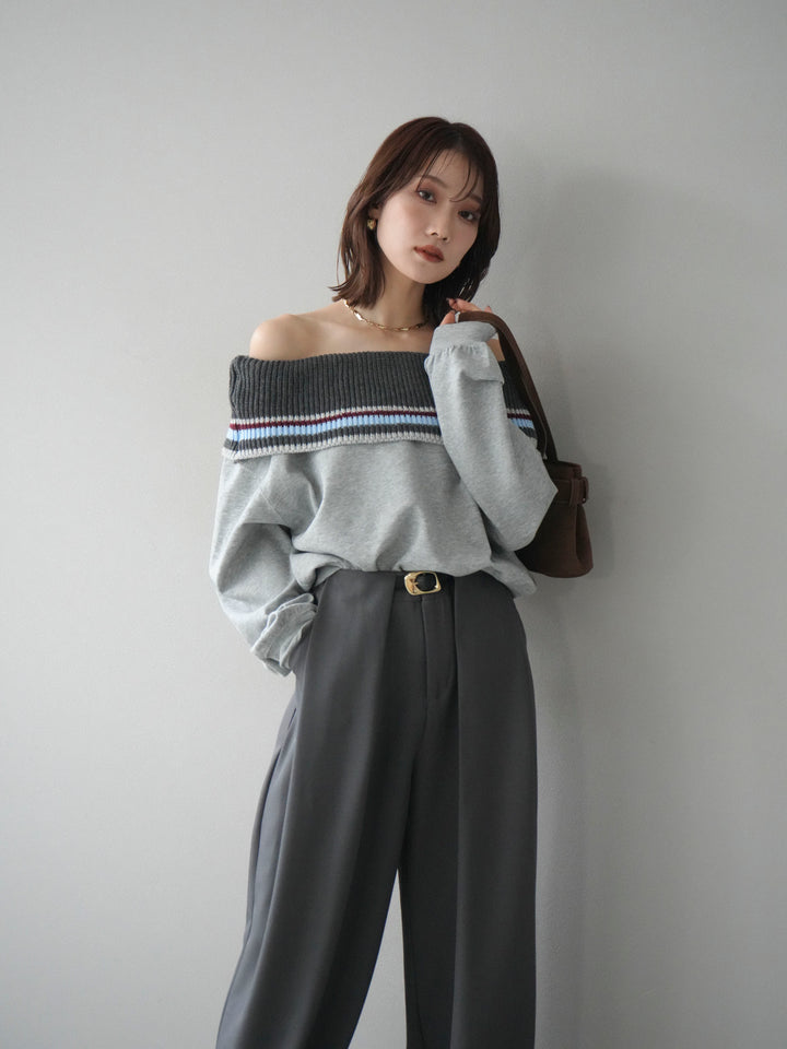 [予約]ボーダーニットオフショルダーxスウェットプルオーバー/gray