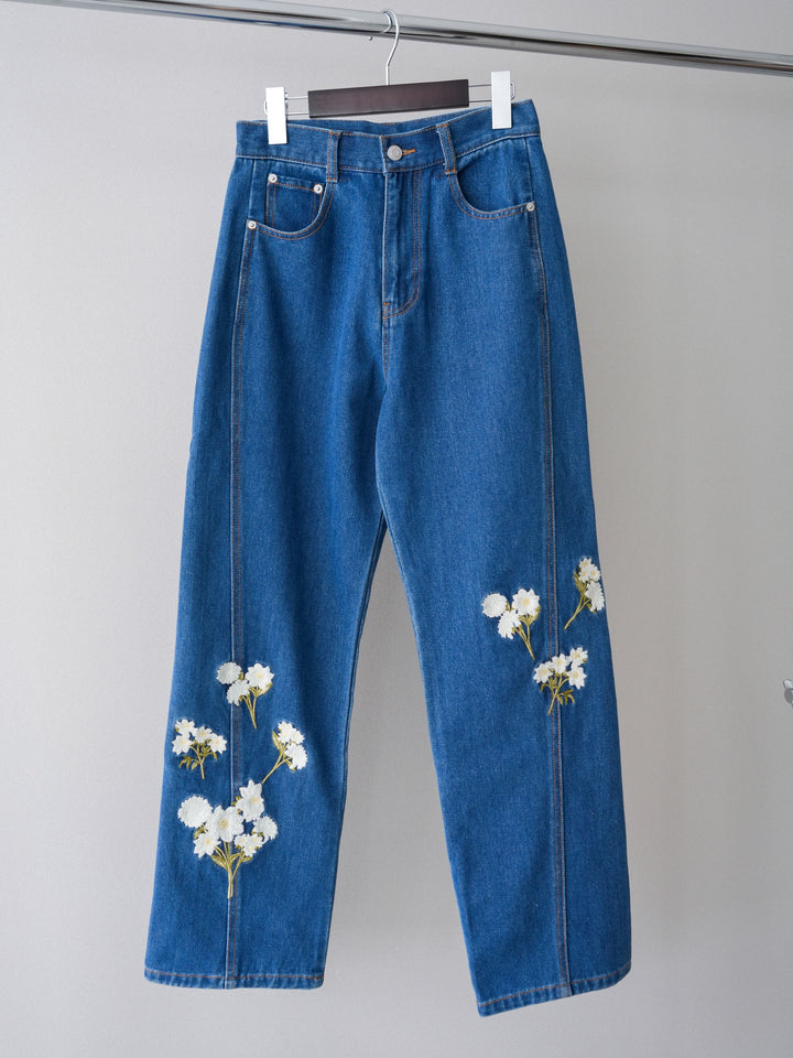 [SET]パールデザインVネックニットトップス+フラワー刺繍ストレートデニム(2set)
