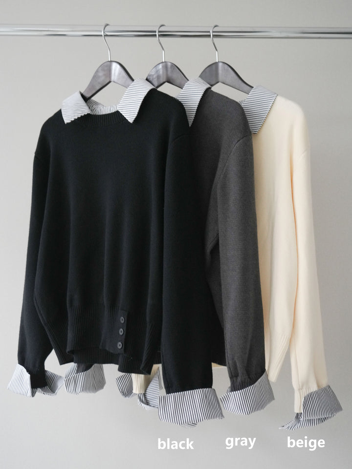 [SET]シャツドッキングデザイン裾ボタンニットプルオーバー+チュールボリュームスカート(2set)