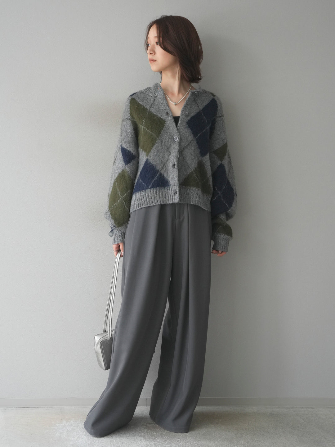 [予約]モヘアタッチアーガイルニットカーディガン/ gray