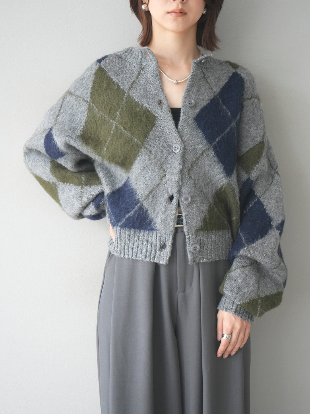 [予約]モヘアタッチアーガイルニットカーディガン/ gray