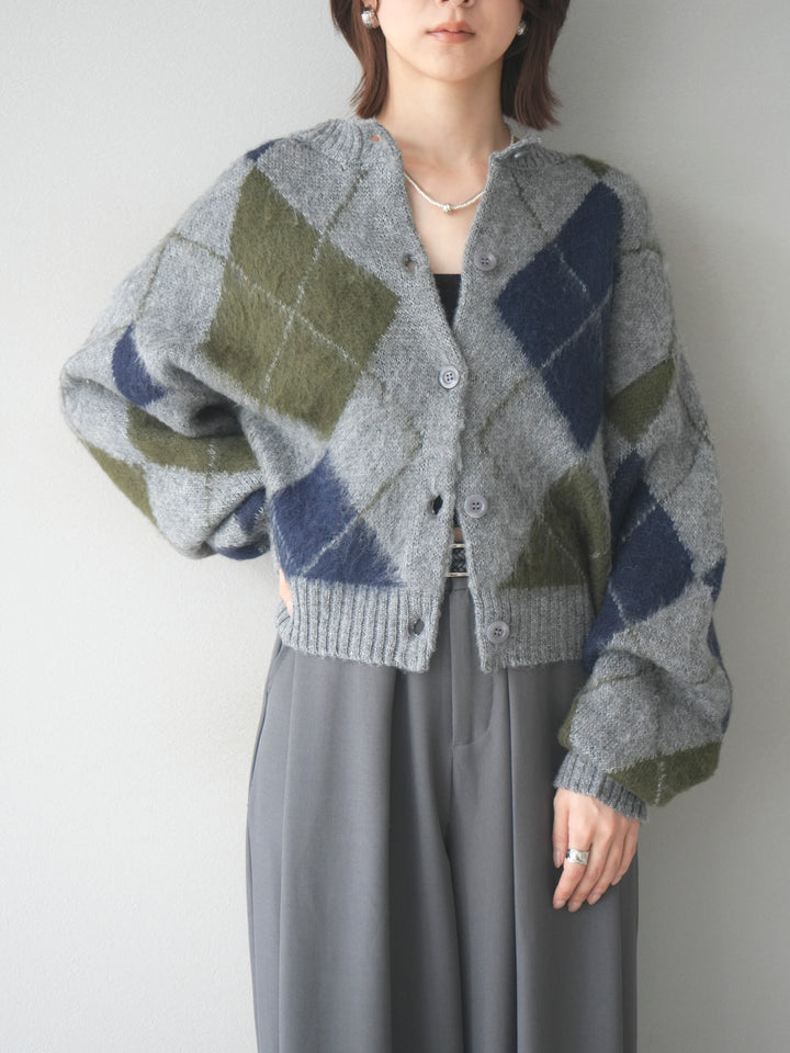 [予約]モヘアタッチアーガイルニットカーディガン/ gray