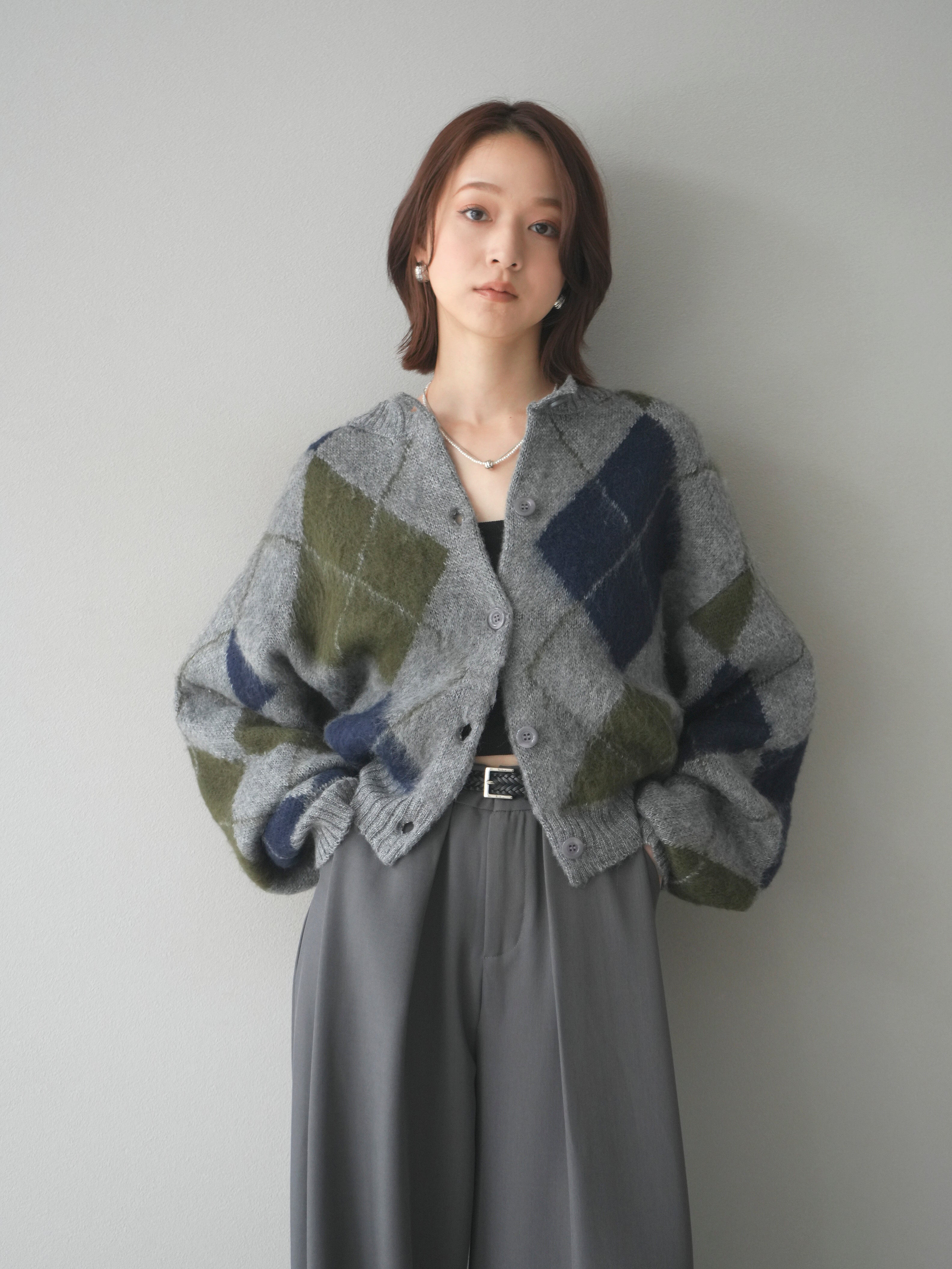 予約]モヘアタッチアーガイルニットカーディガン/ gray – Lumier