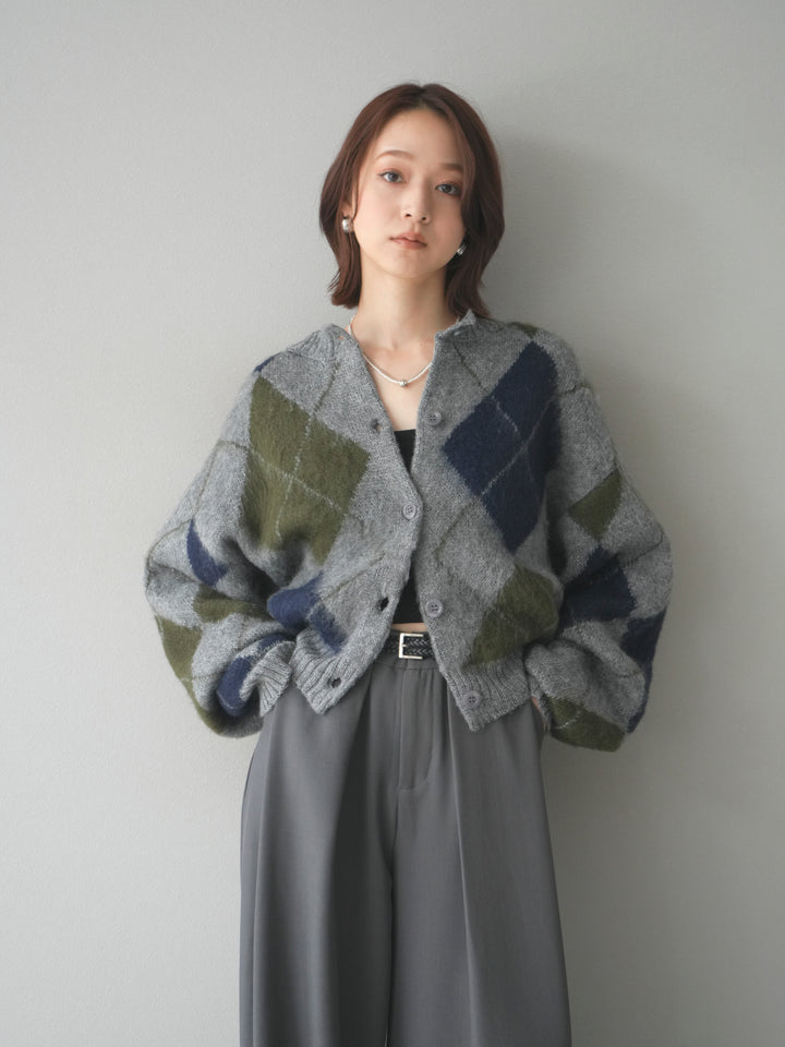 [予約]モヘアタッチアーガイルニットカーディガン/ gray