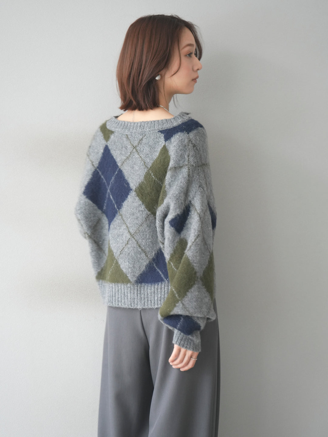 [予約]モヘアタッチアーガイルニットカーディガン/ gray