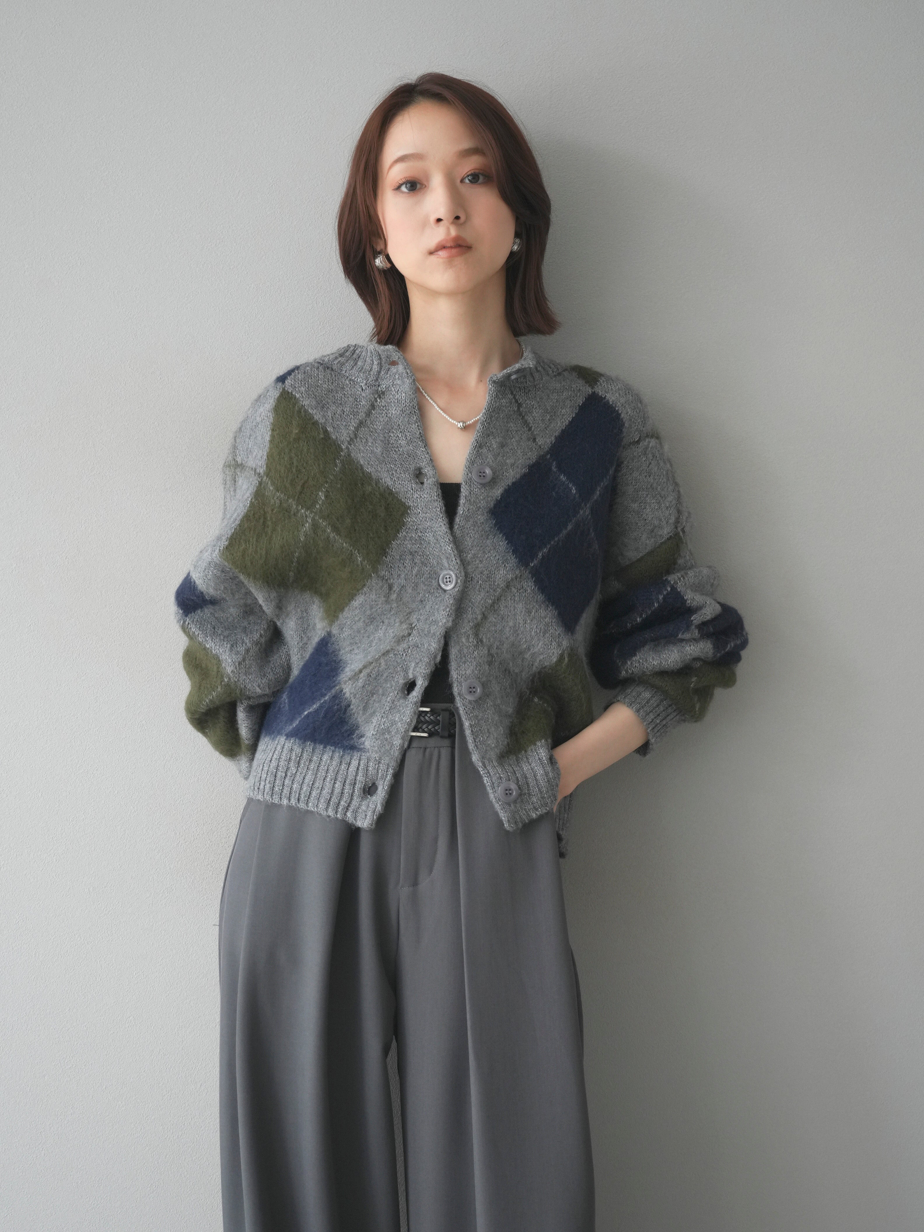 予約]モヘアタッチアーガイルニットカーディガン/ gray – Lumier