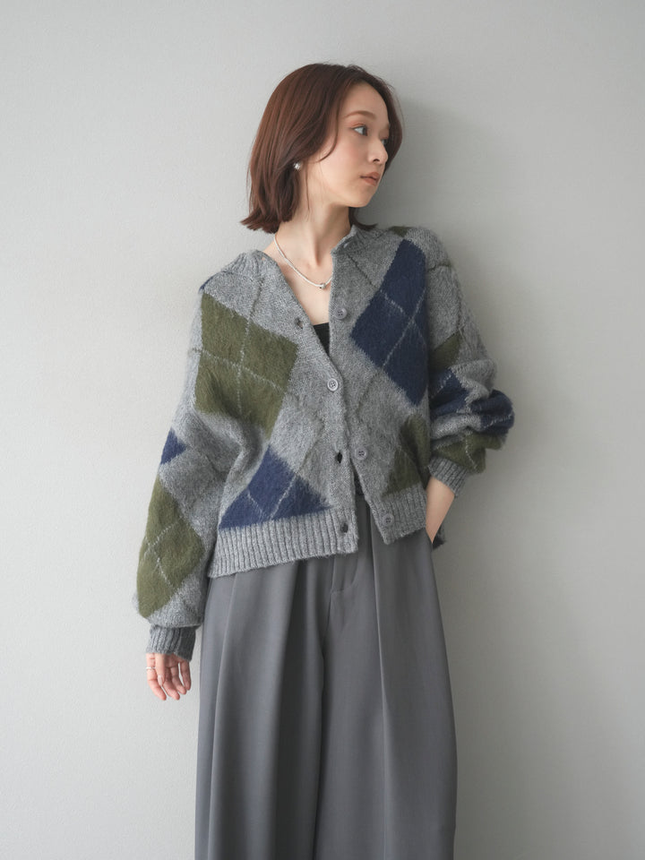 [予約]モヘアタッチアーガイルニットカーディガン/ gray