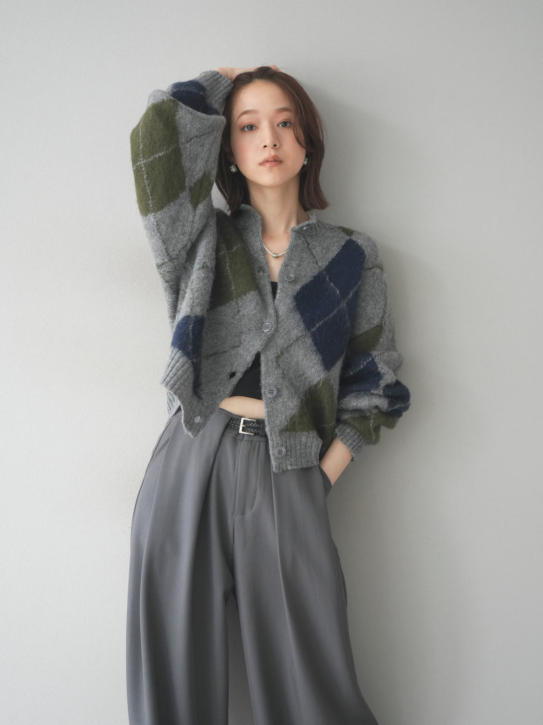 [予約]モヘアタッチアーガイルニットカーディガン/ gray