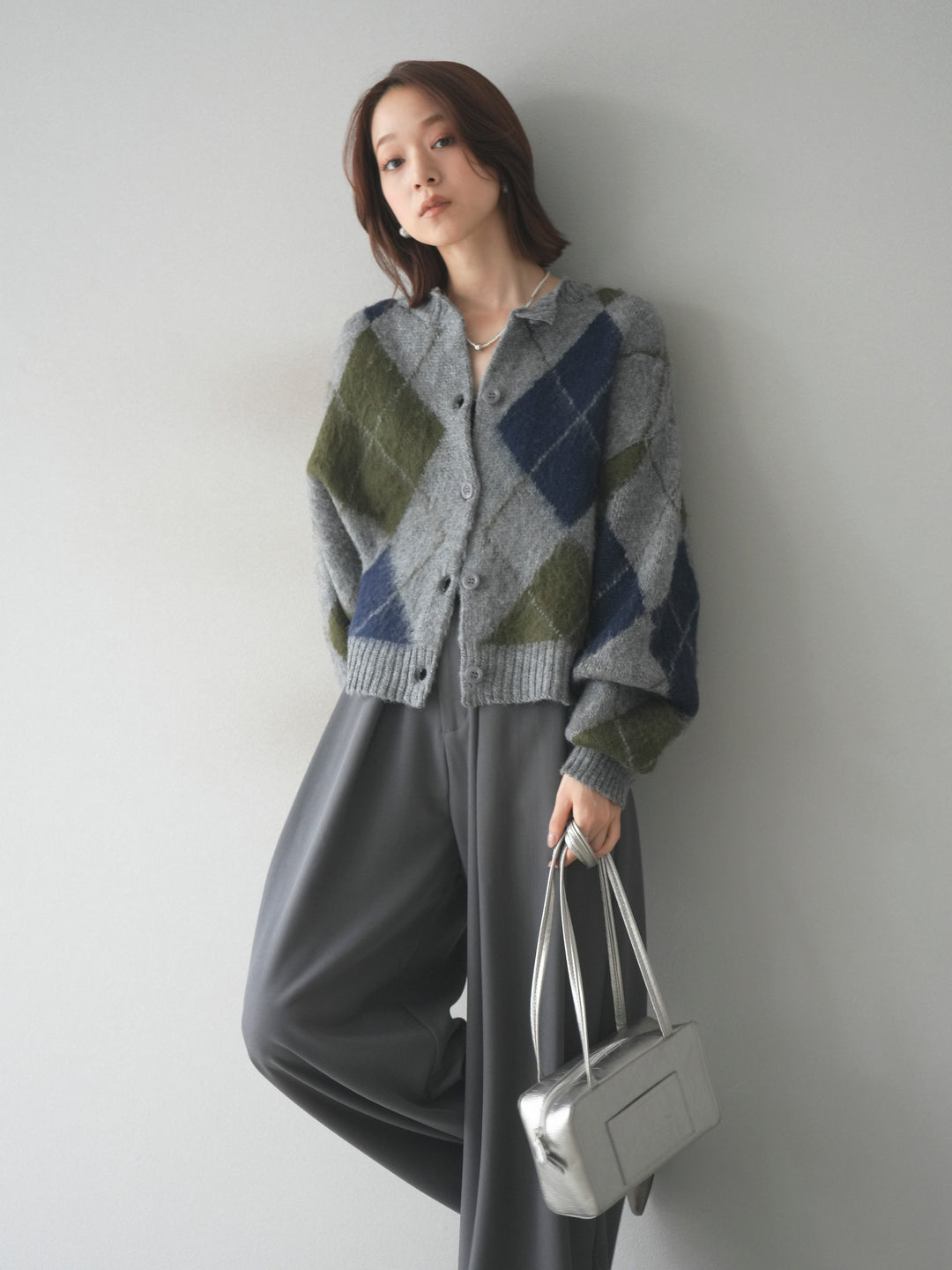 [予約]モヘアタッチアーガイルニットカーディガン/ gray