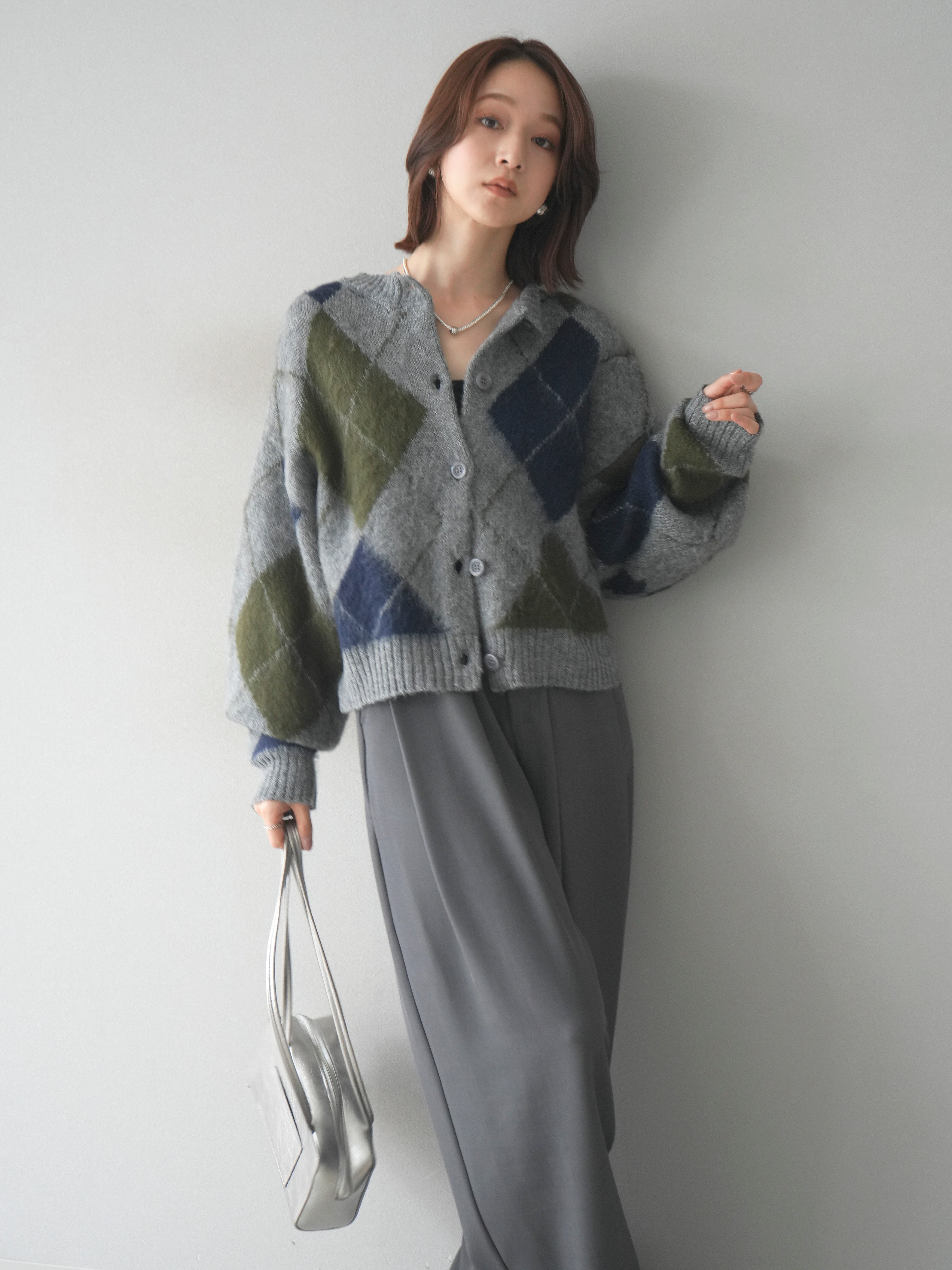 EARIH アーリ　カーディガン 予約]モヘアタッチアーガイルニットカーディガン/ gray – Lumier