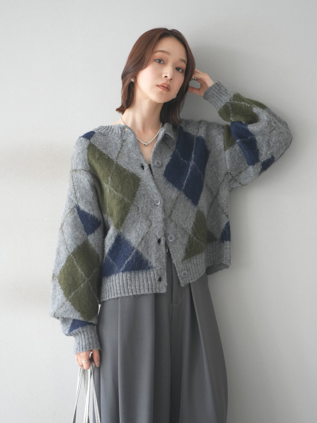 [予約]モヘアタッチアーガイルニットカーディガン/ gray