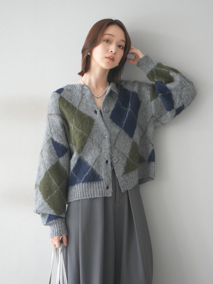 [予約]モヘアタッチアーガイルニットカーディガン/ gray