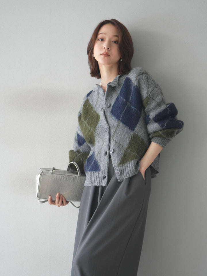 [予約]モヘアタッチアーガイルニットカーディガン/ gray