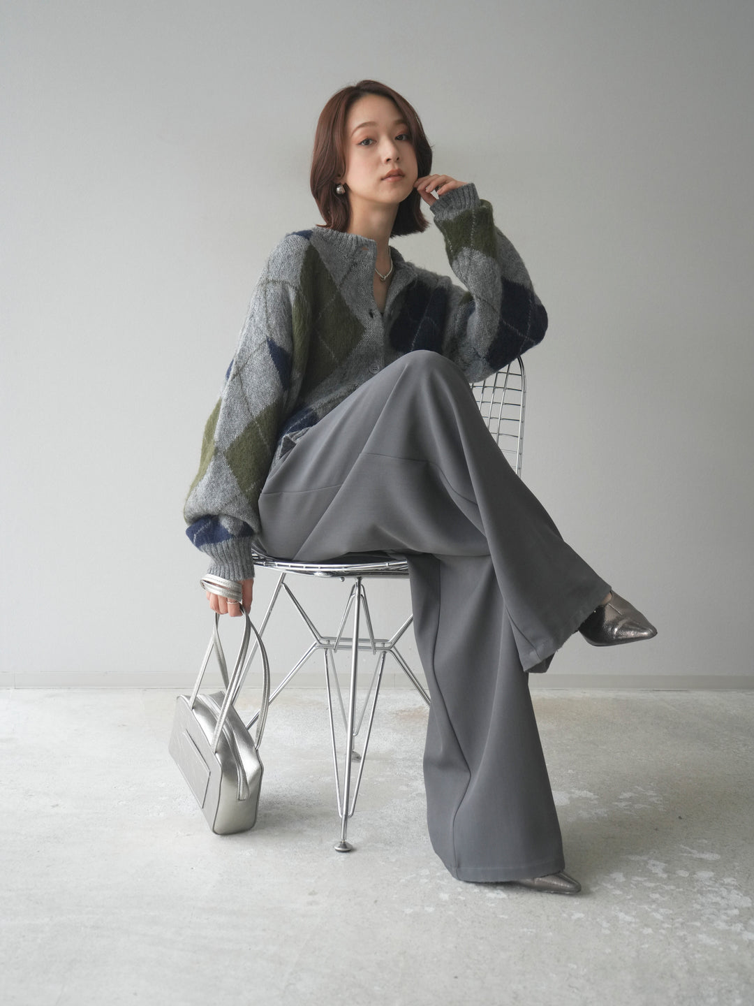 [予約]モヘアタッチアーガイルニットカーディガン/ gray