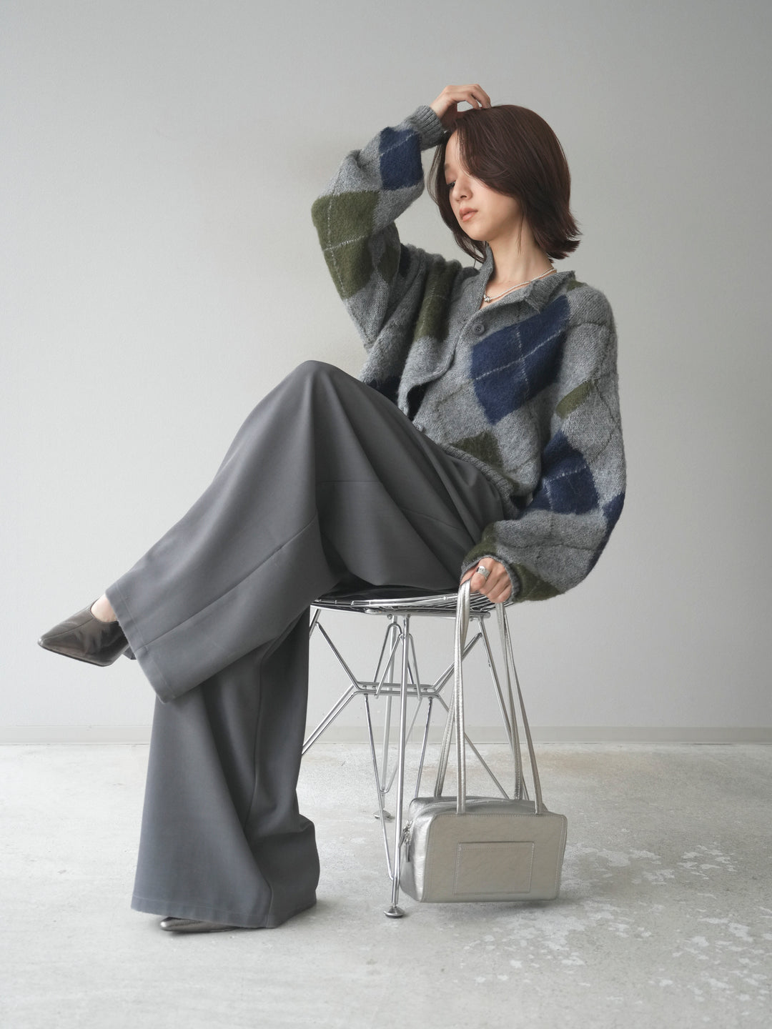 [予約]モヘアタッチアーガイルニットカーディガン/ gray