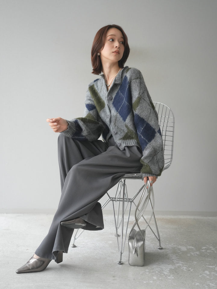 [予約]モヘアタッチアーガイルニットカーディガン/ gray