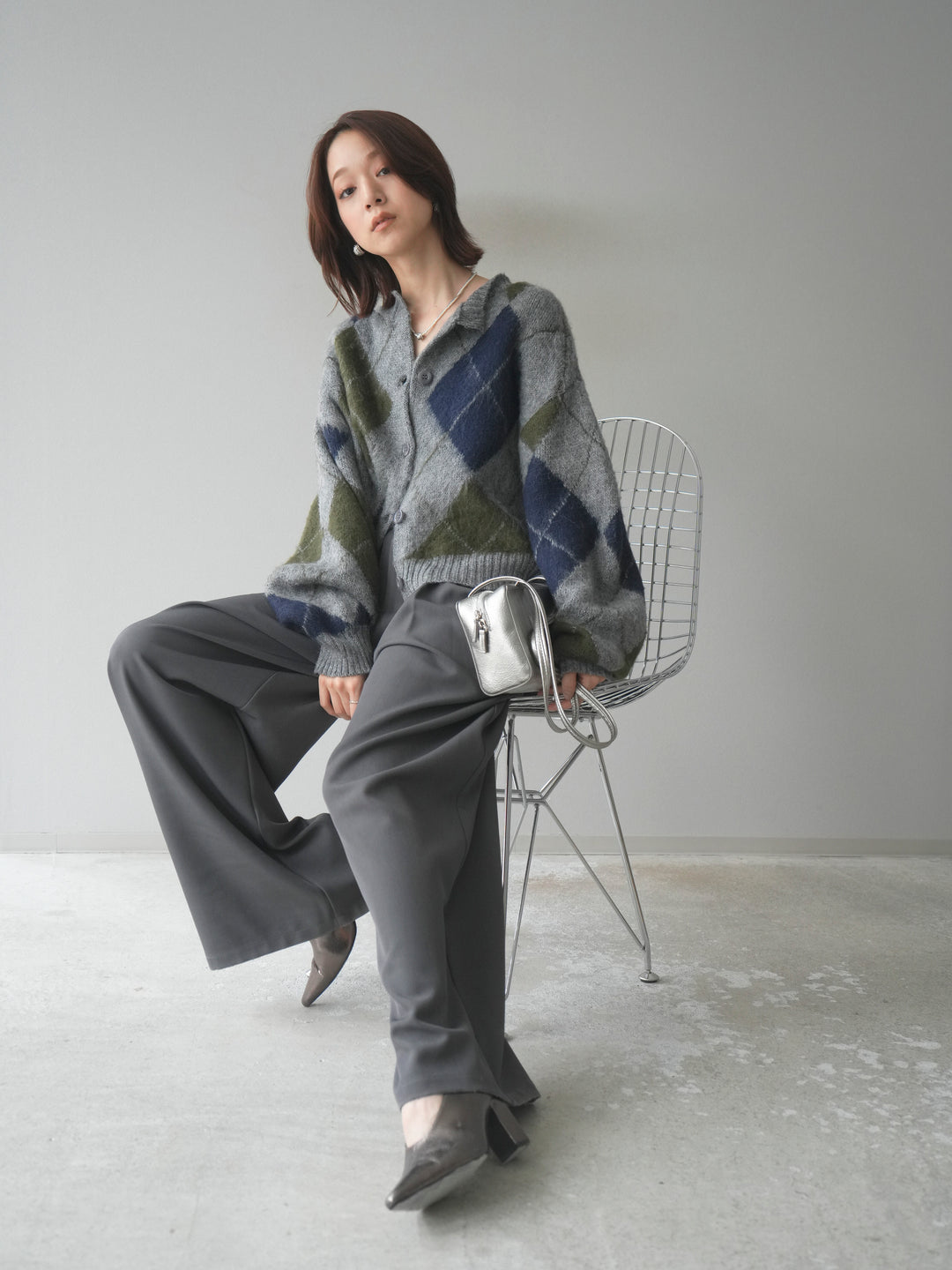 [予約]モヘアタッチアーガイルニットカーディガン/ gray