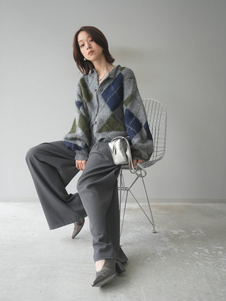 [予約]モヘアタッチアーガイルニットカーディガン/ gray