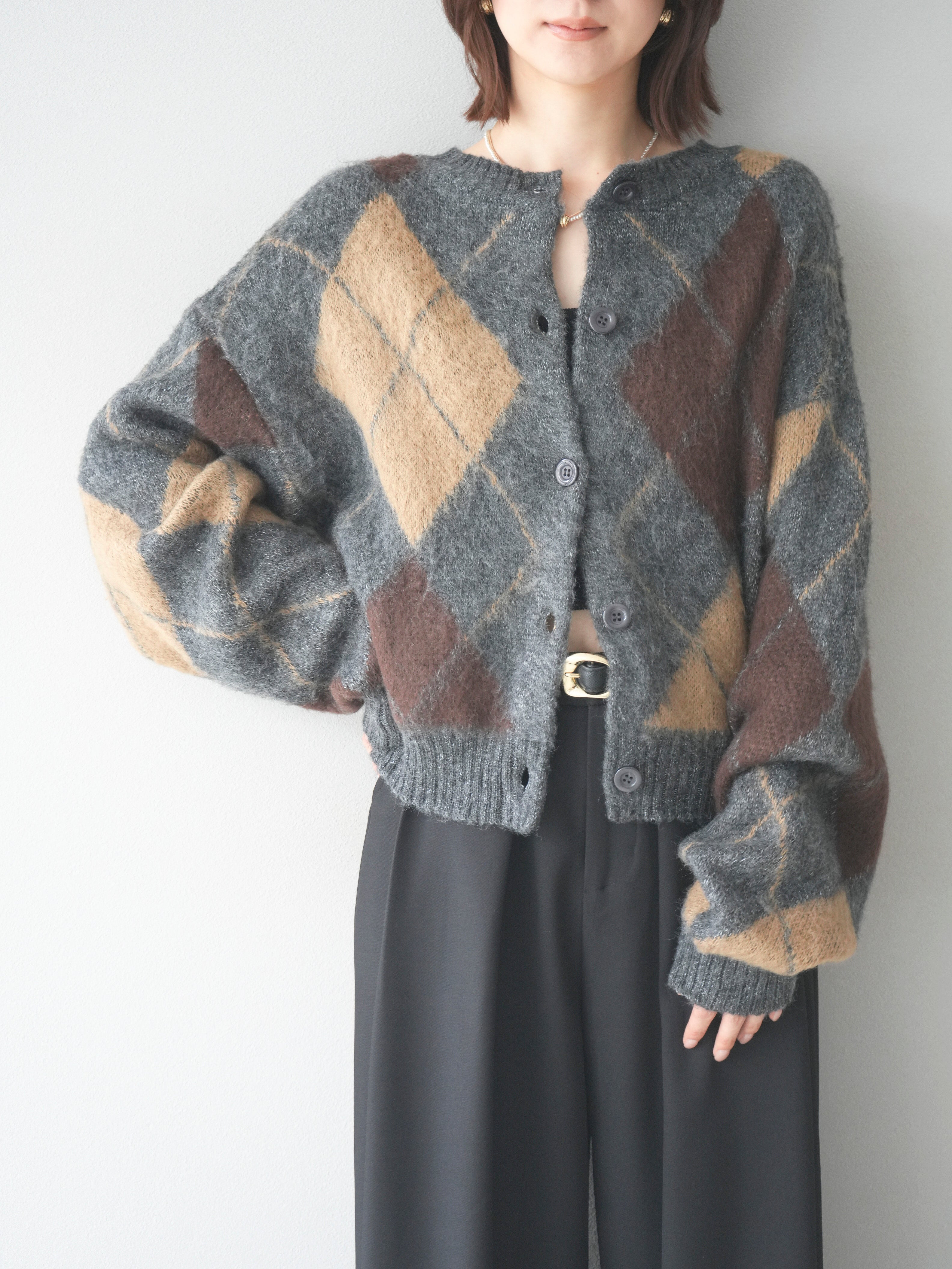 予約]モヘアタッチアーガイルニットカーディガン/charcoal – Lumier