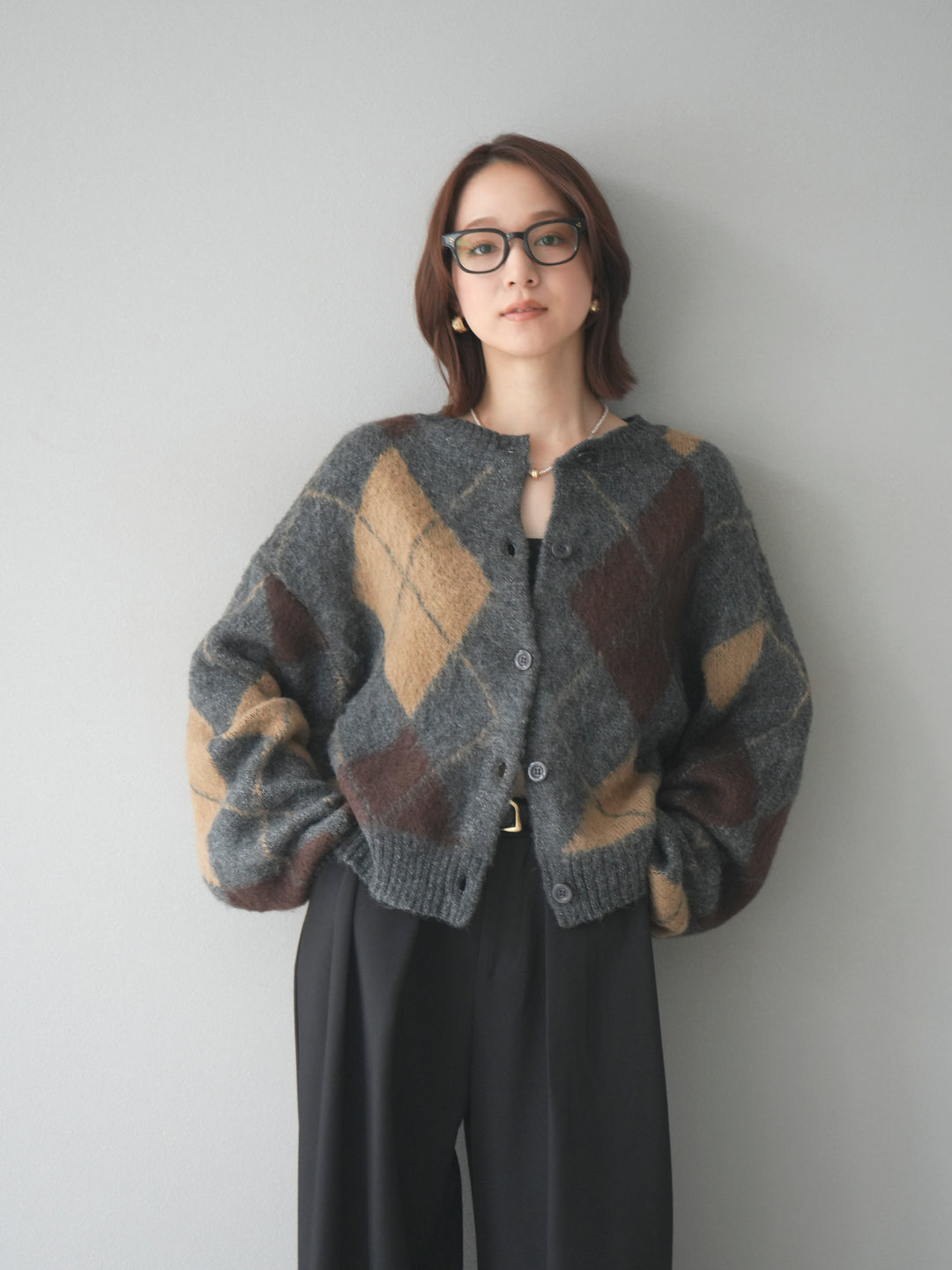[予約]モヘアタッチアーガイルニットカーディガン/charcoal