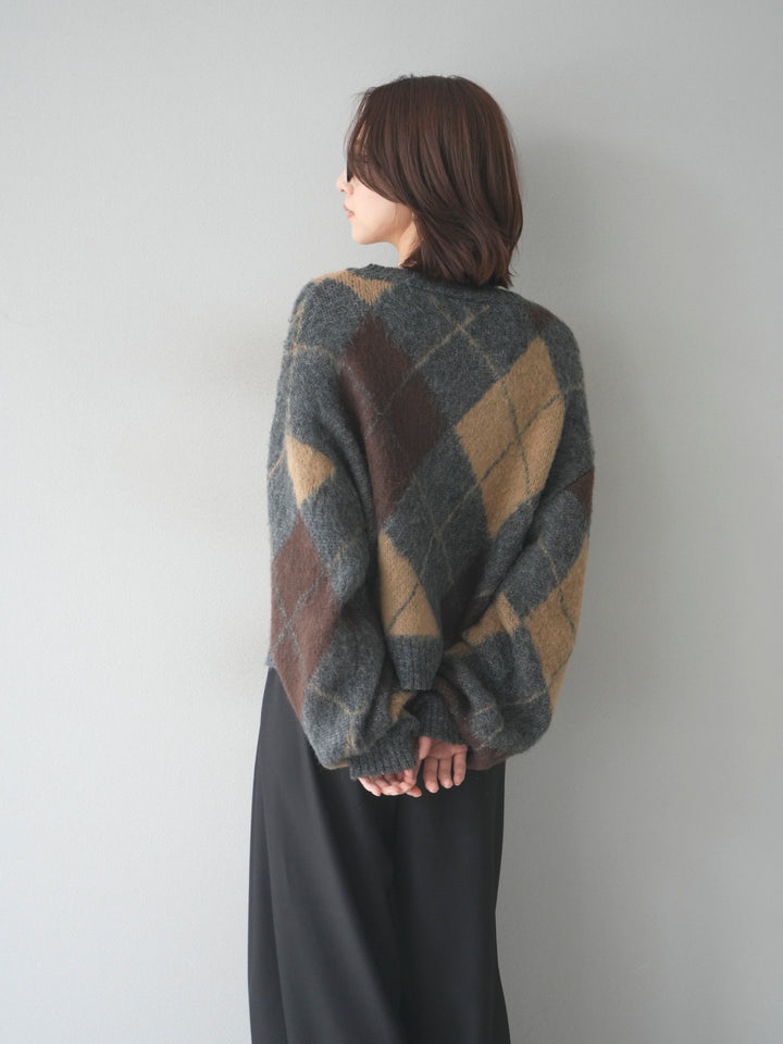 [予約]モヘアタッチアーガイルニットカーディガン/charcoal