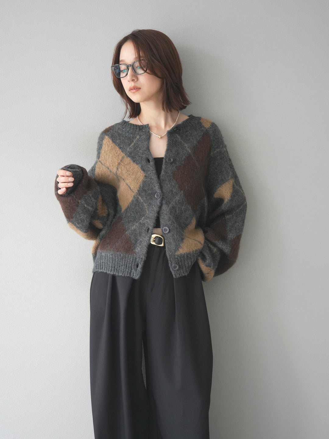 [予約]モヘアタッチアーガイルニットカーディガン/charcoal