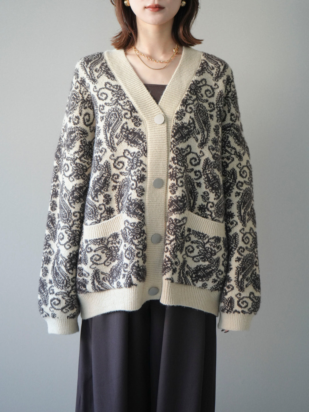 [予約]ペイズリー柄ニットカーディガン/brown