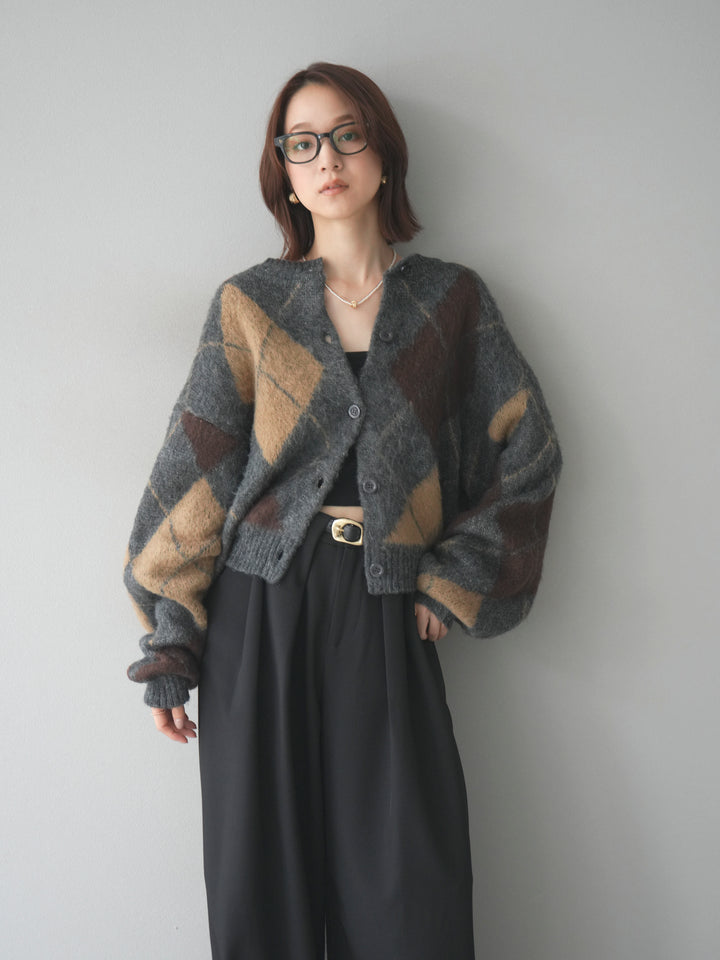 [予約]モヘアタッチアーガイルニットカーディガン/charcoal