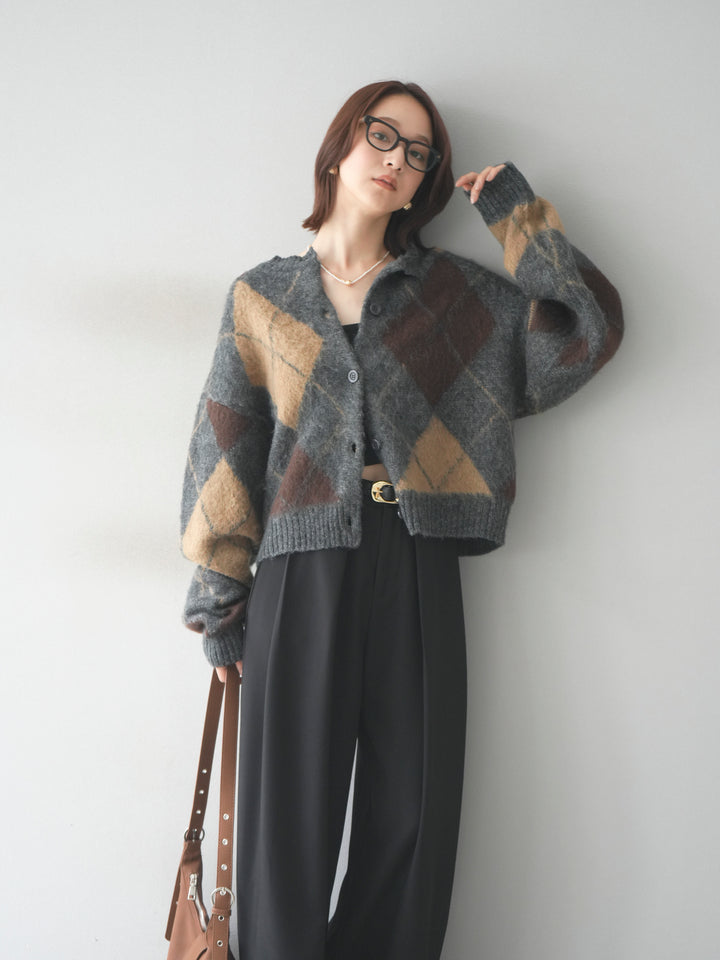 [予約]モヘアタッチアーガイルニットカーディガン/charcoal