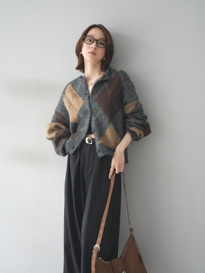 [予約]モヘアタッチアーガイルニットカーディガン/charcoal