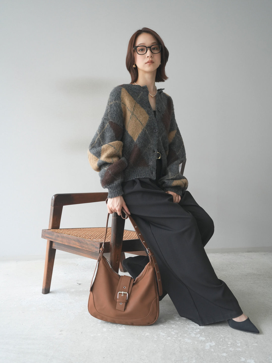 [予約]モヘアタッチアーガイルニットカーディガン/charcoal