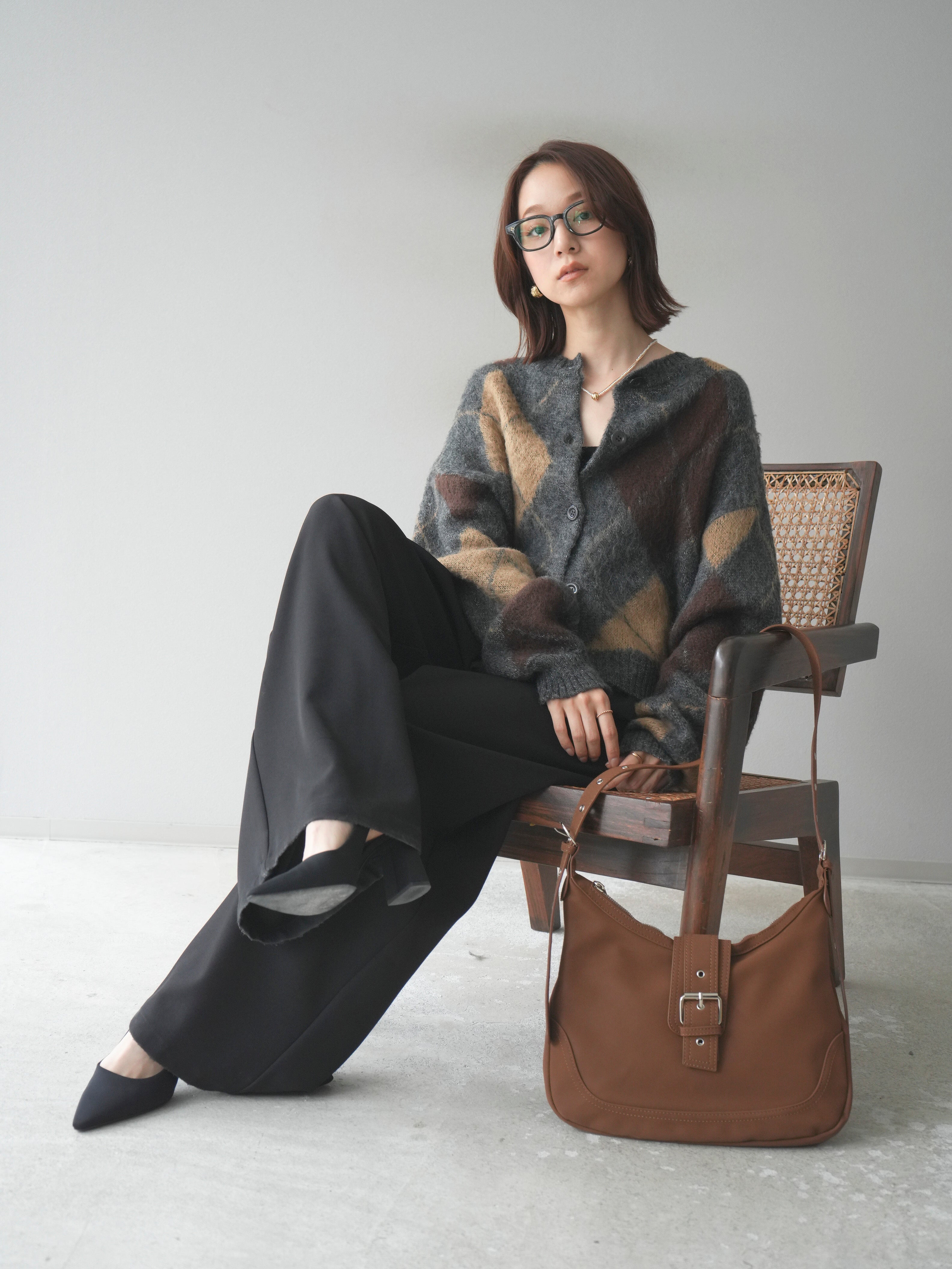 予約]モヘアタッチアーガイルニットカーディガン/charcoal – Lumier