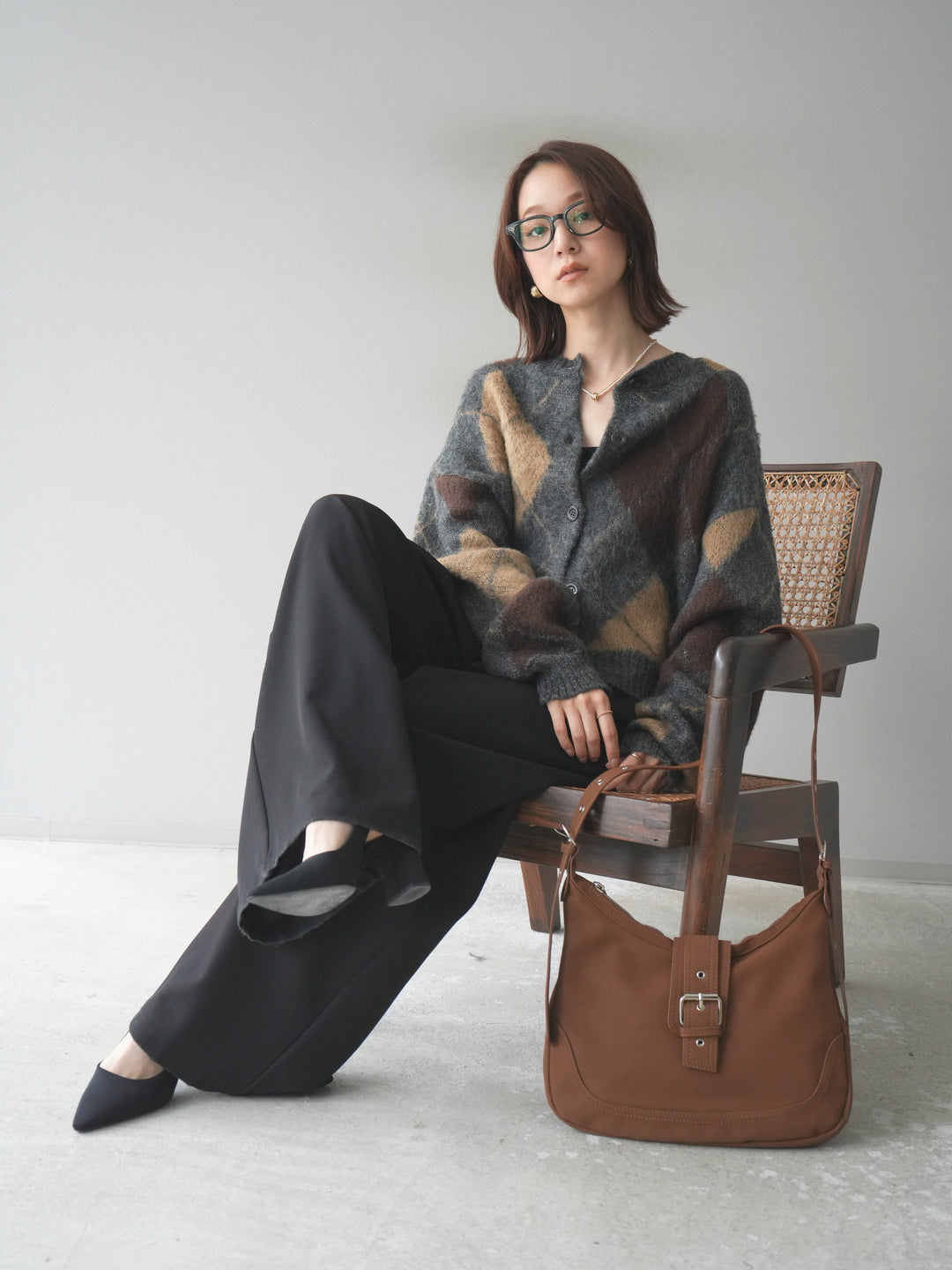 [予約]モヘアタッチアーガイルニットカーディガン/charcoal