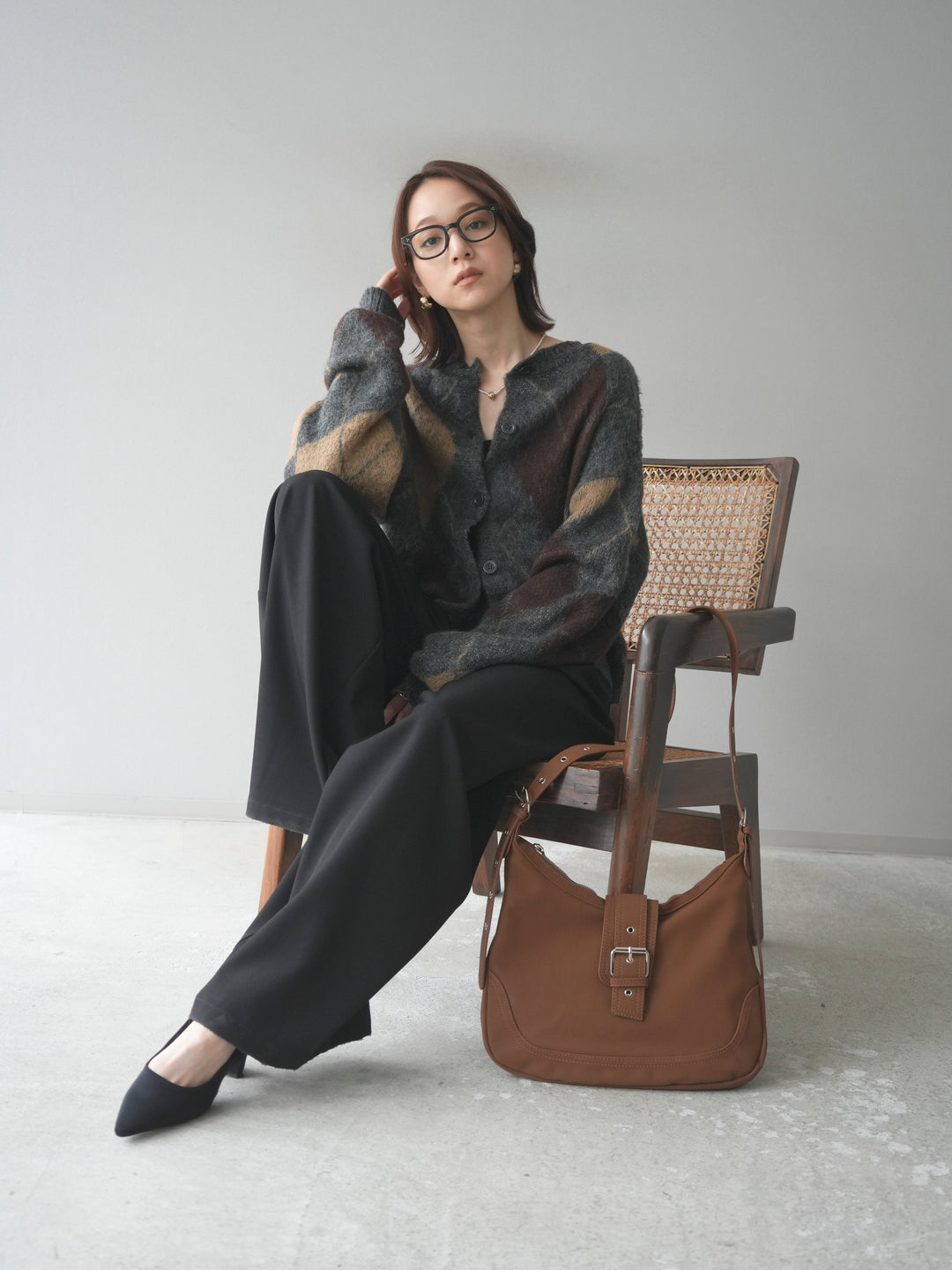 [予約]モヘアタッチアーガイルニットカーディガン/charcoal