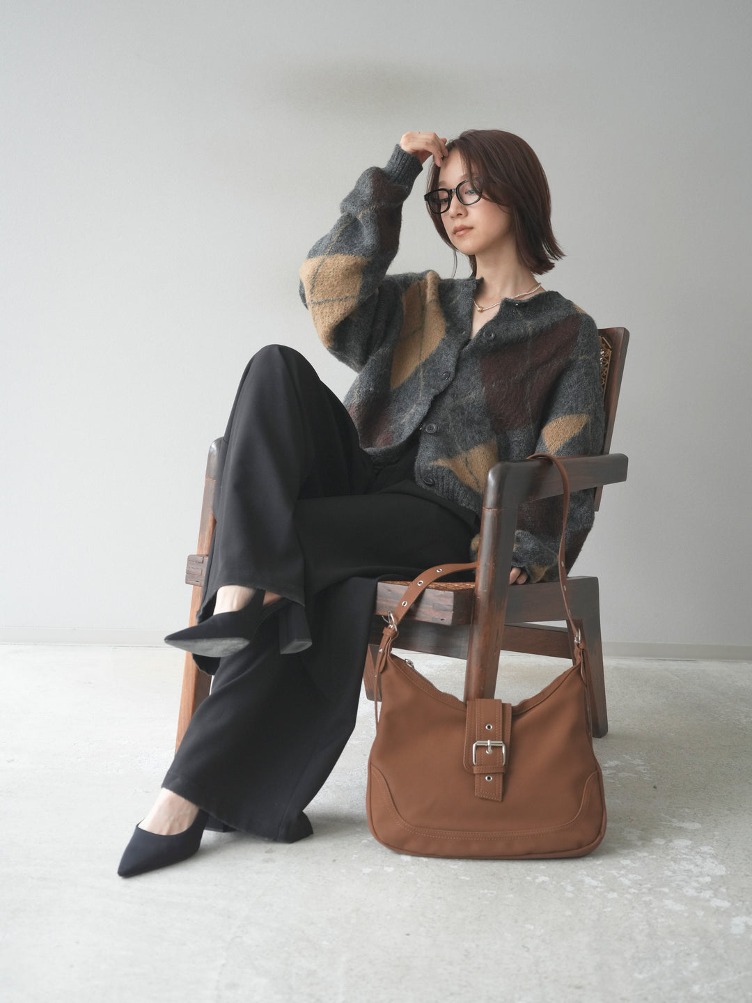 [予約]モヘアタッチアーガイルニットカーディガン/charcoal