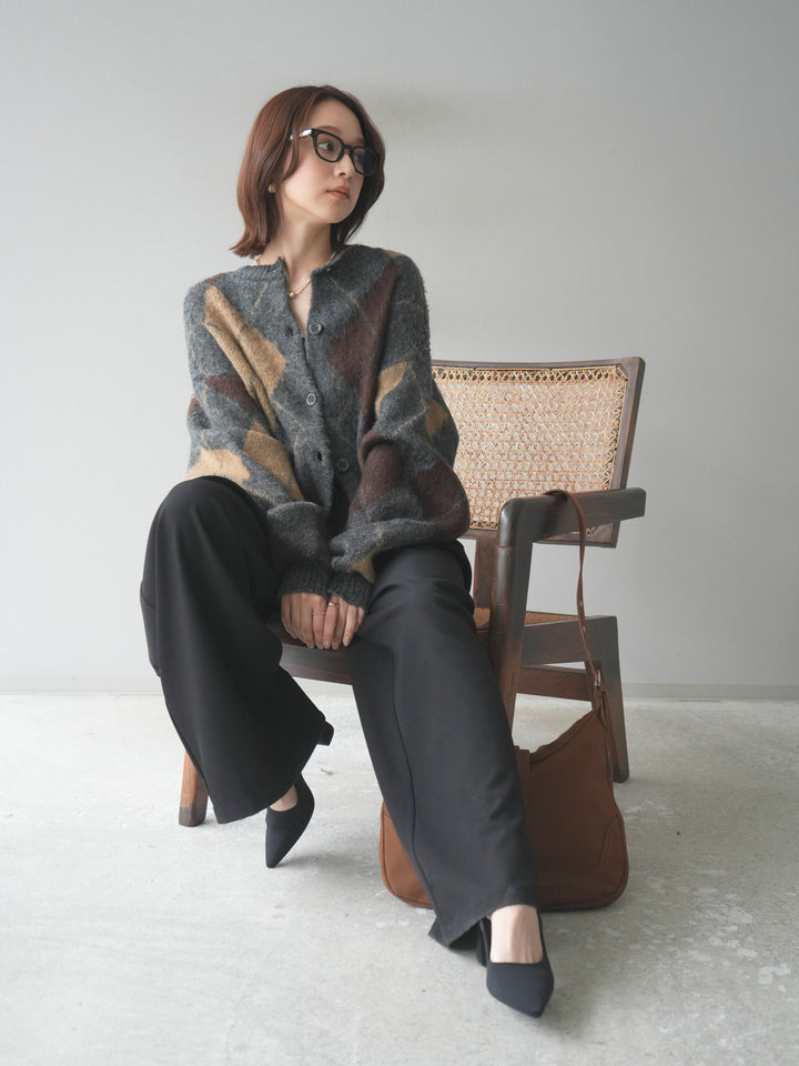 [予約]モヘアタッチアーガイルニットカーディガン/charcoal