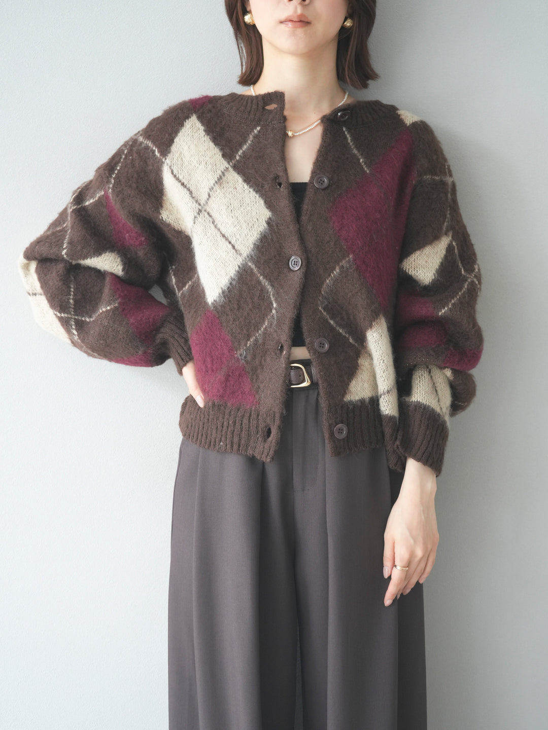 [予約]モヘアタッチアーガイルニットカーディガン/brown