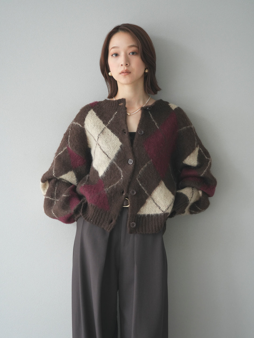 [予約]モヘアタッチアーガイルニットカーディガン/brown
