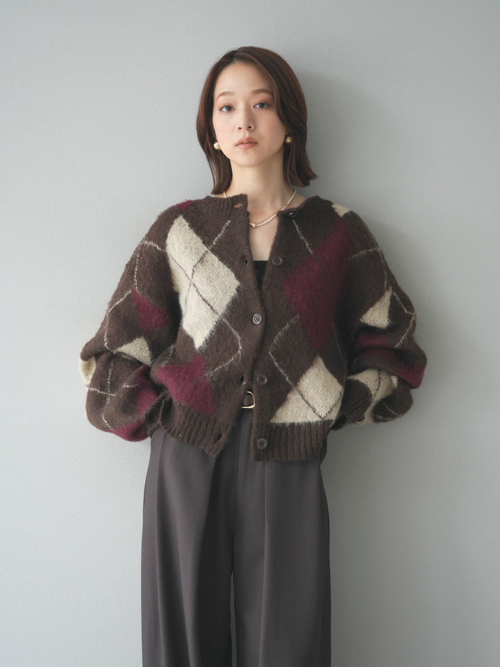 [予約]モヘアタッチアーガイルニットカーディガン/brown