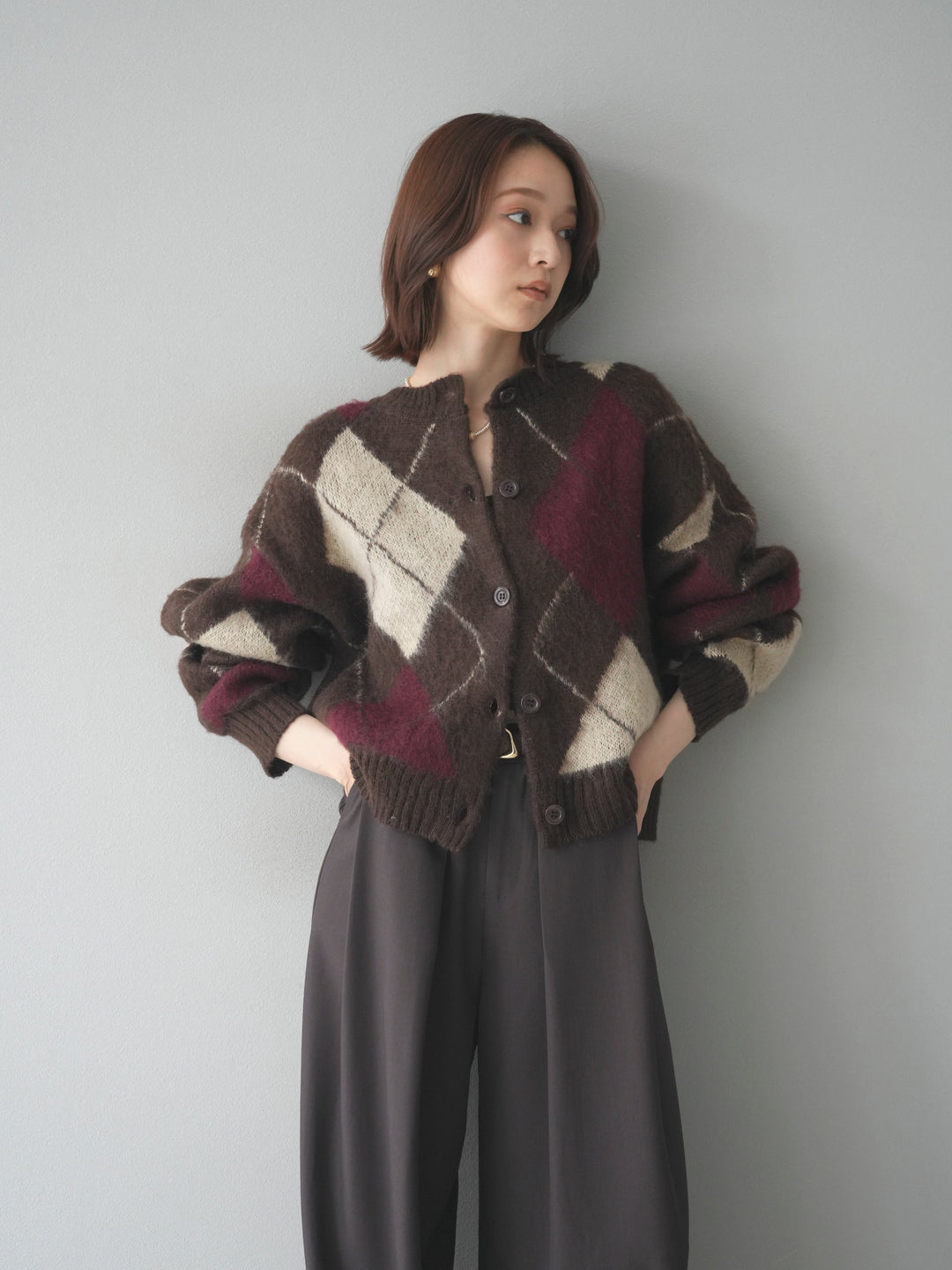 [予約]モヘアタッチアーガイルニットカーディガン/brown