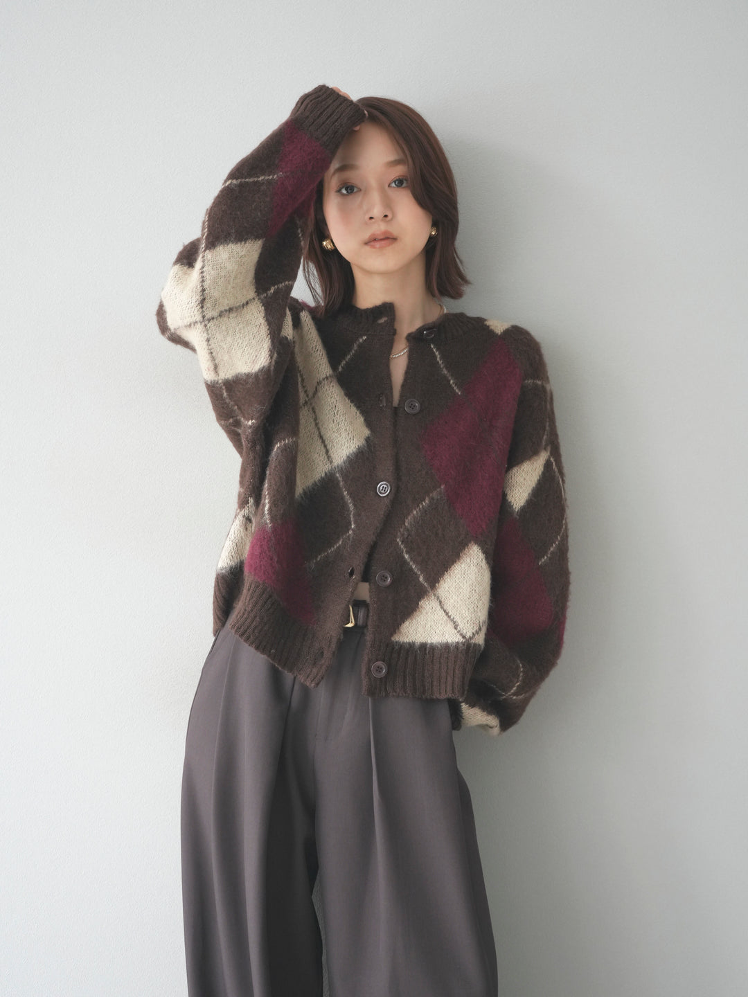 [予約]モヘアタッチアーガイルニットカーディガン/brown