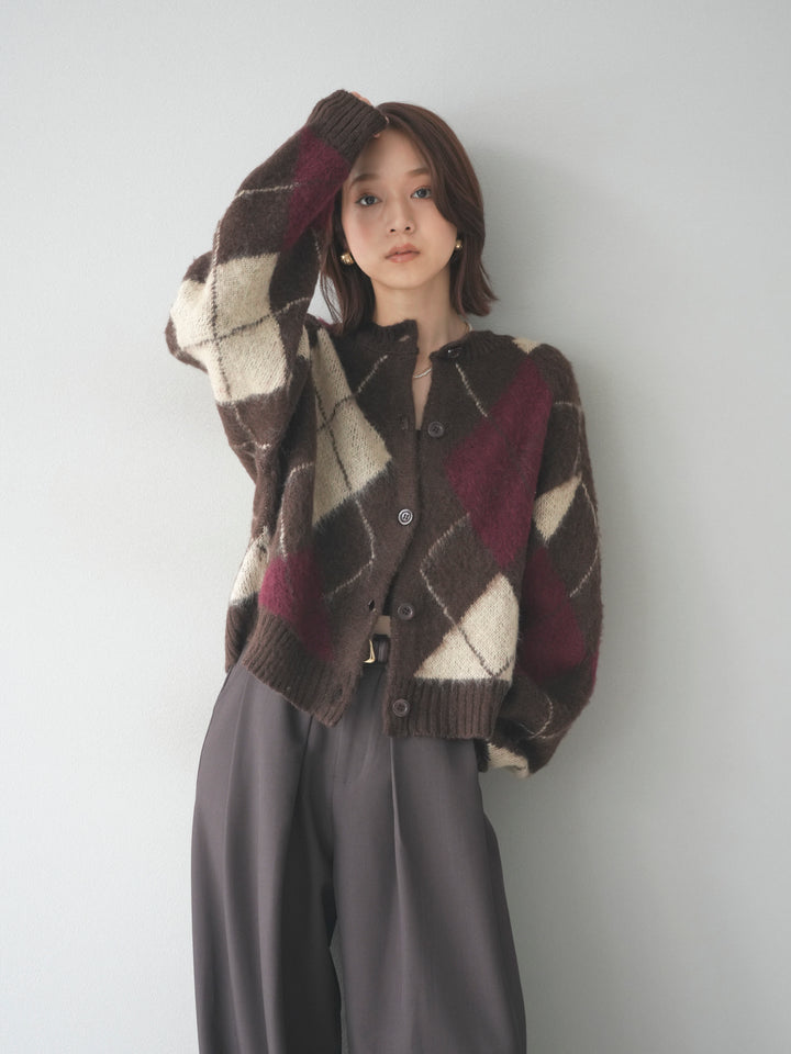 [予約]モヘアタッチアーガイルニットカーディガン/brown