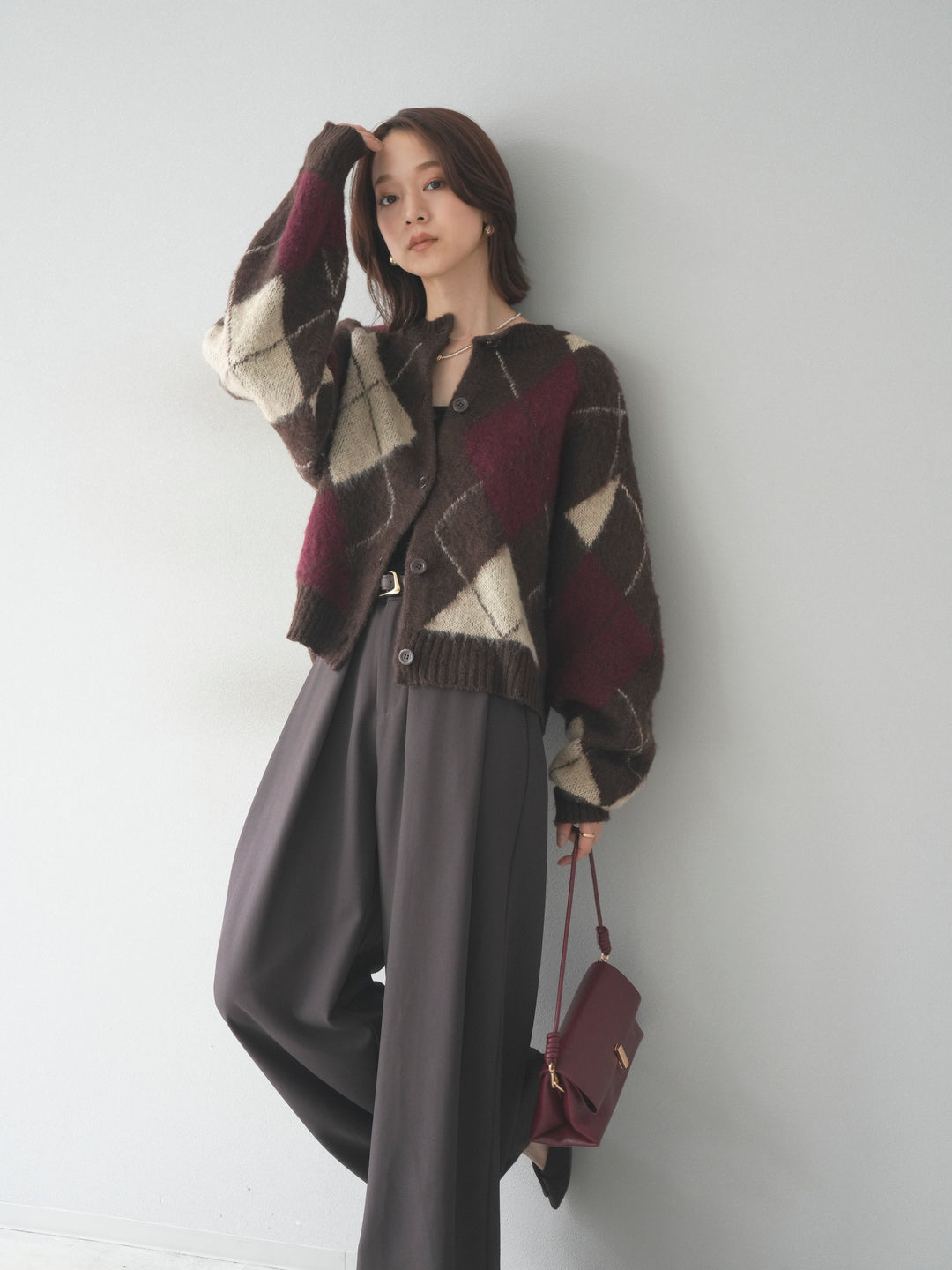 [予約]モヘアタッチアーガイルニットカーディガン/brown