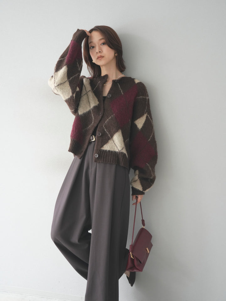 [予約]モヘアタッチアーガイルニットカーディガン/brown