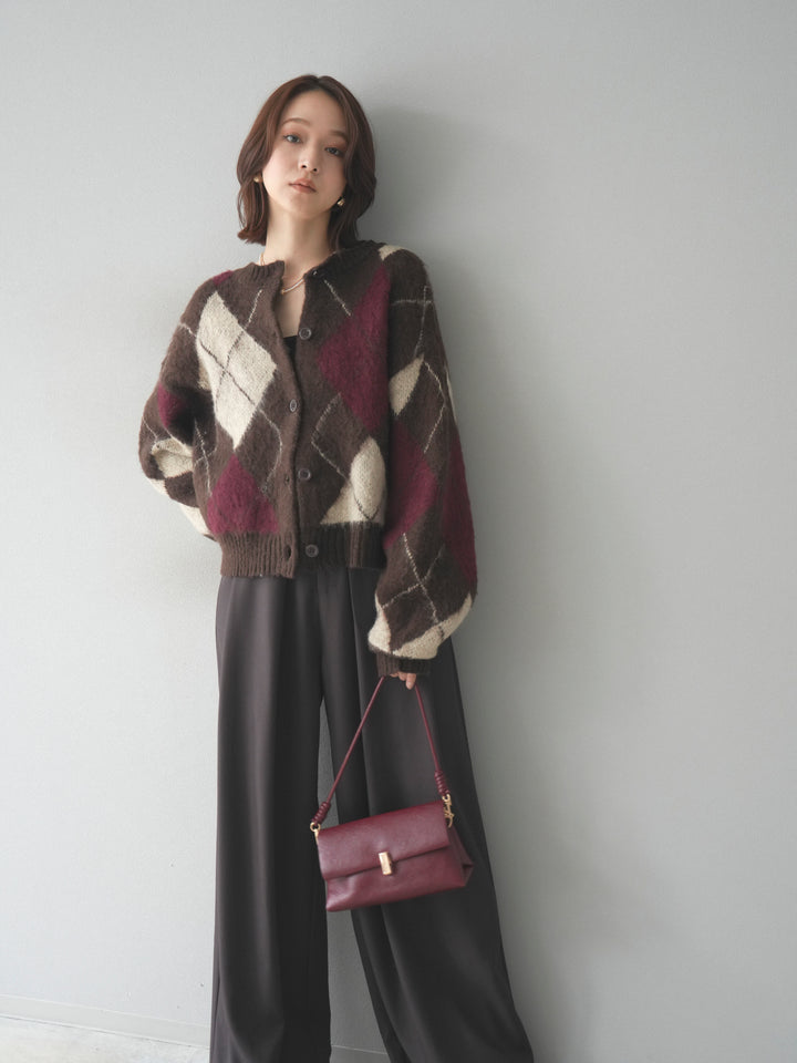 [予約]モヘアタッチアーガイルニットカーディガン/brown
