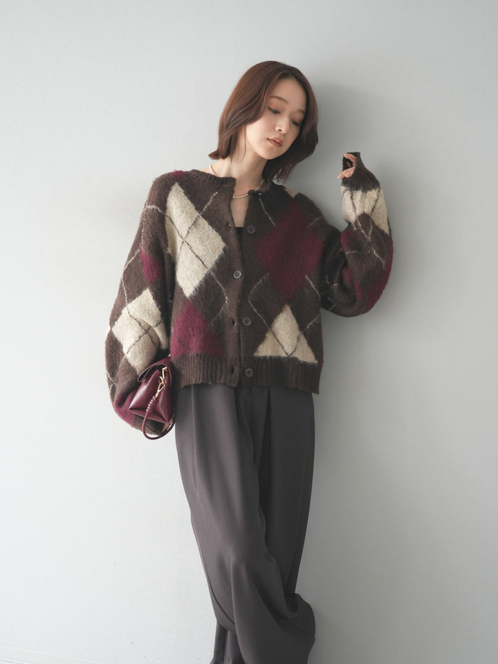 [予約]モヘアタッチアーガイルニットカーディガン/brown