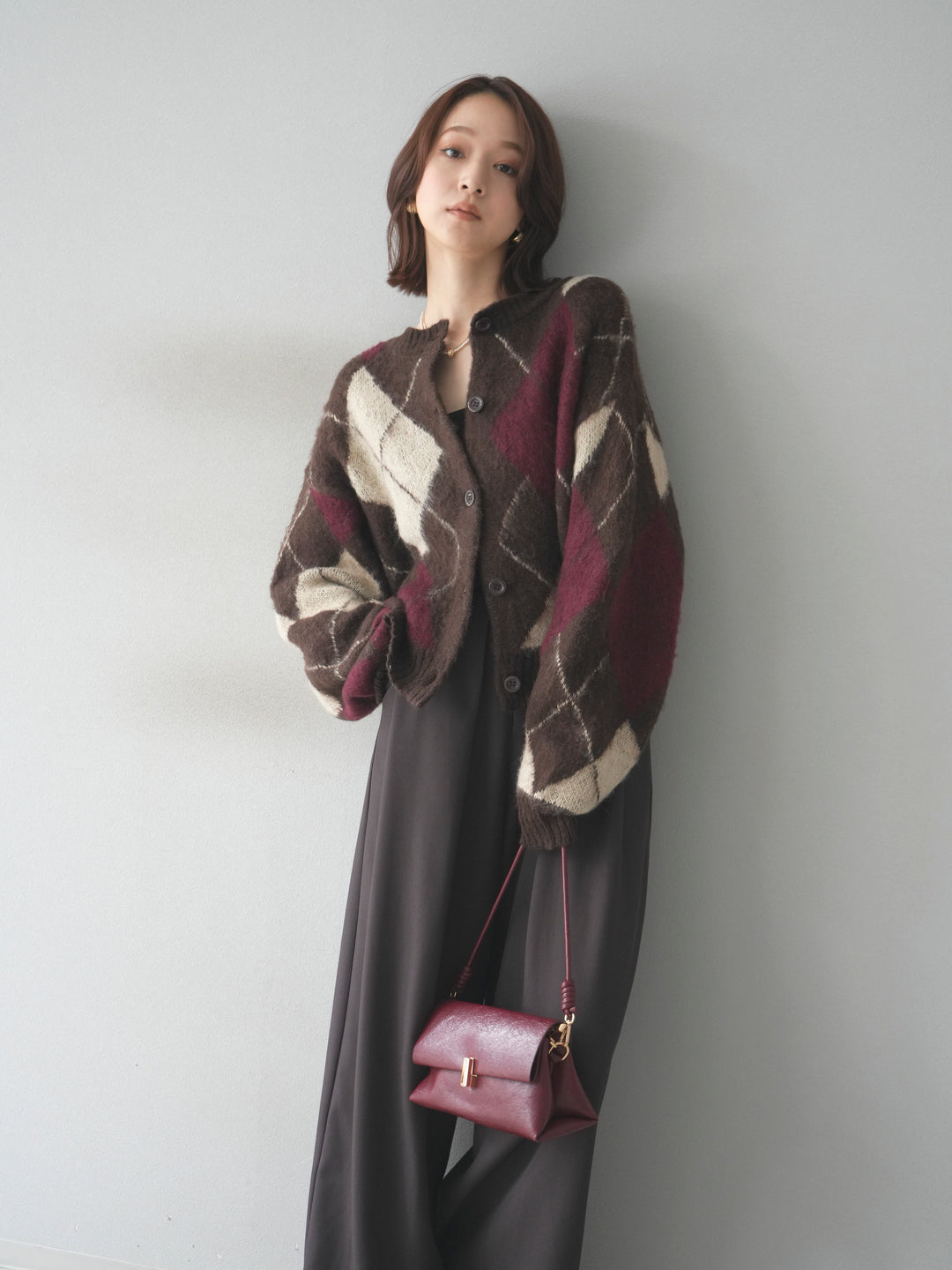 [予約]モヘアタッチアーガイルニットカーディガン/brown