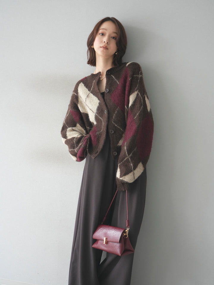 [予約]モヘアタッチアーガイルニットカーディガン/brown