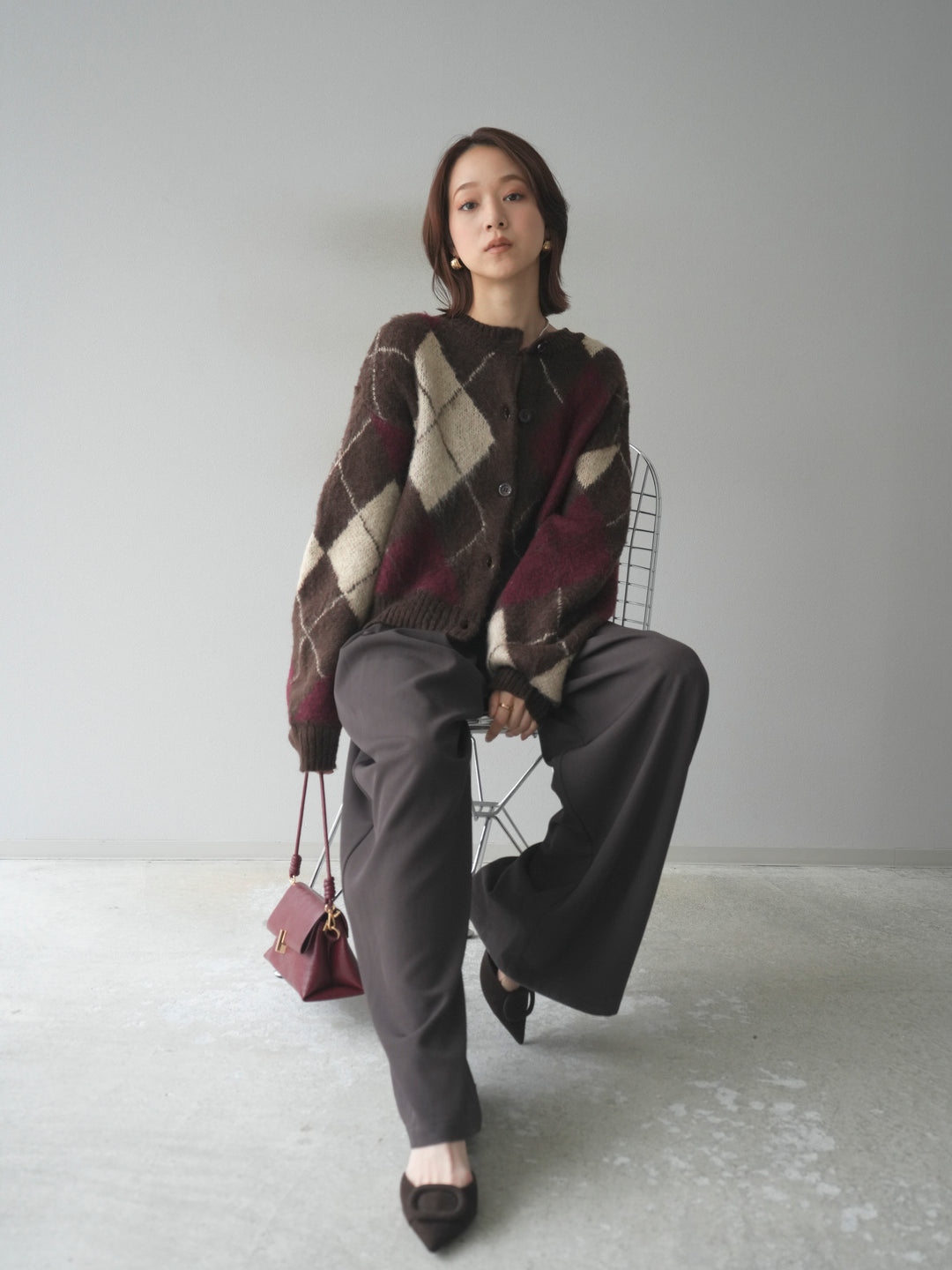 [予約]モヘアタッチアーガイルニットカーディガン/brown