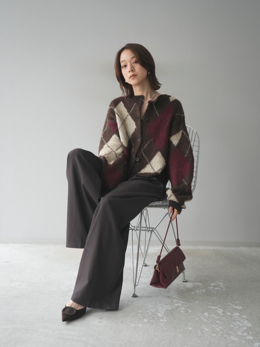 [予約]モヘアタッチアーガイルニットカーディガン/brown